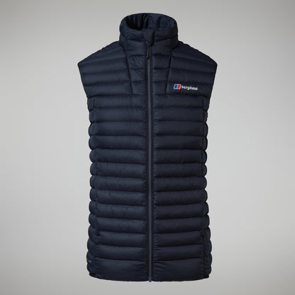 Black puffer vest with a brand logo on a gray background