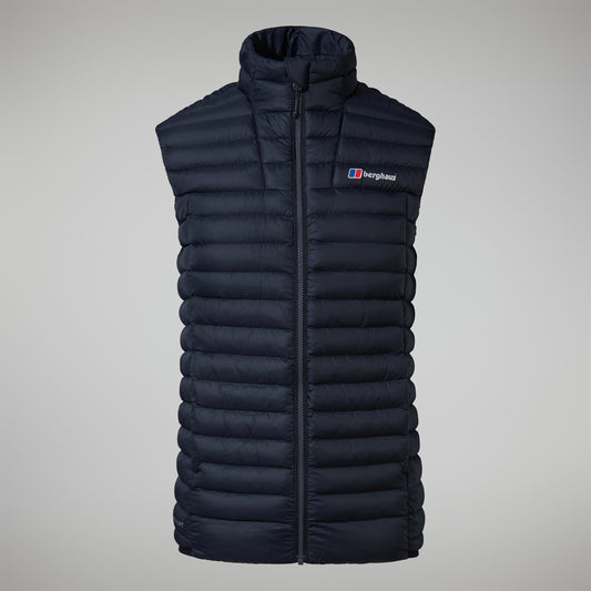 Black puffer vest with a brand logo on a gray background