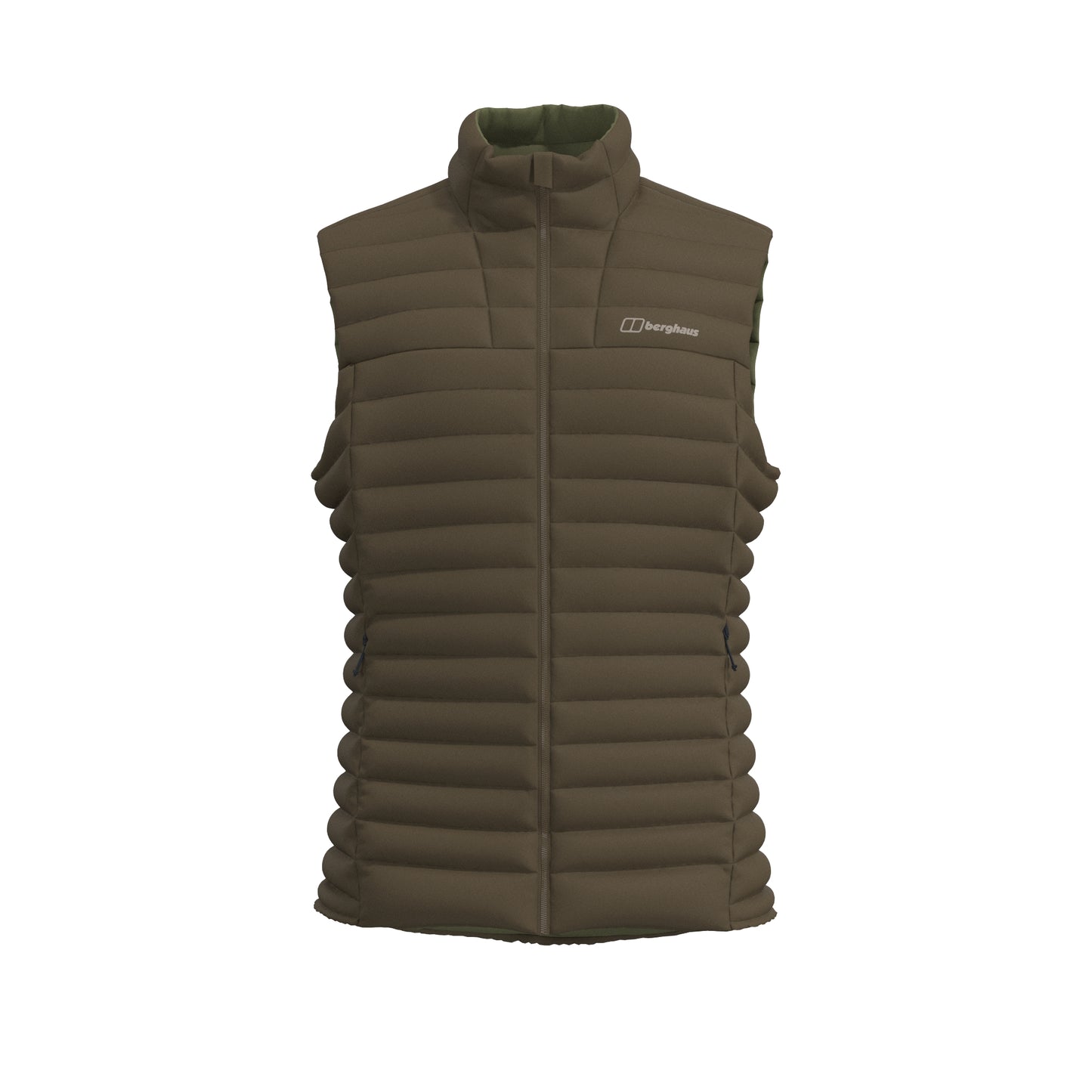 Green puffer vest with a brand logo on a white background
