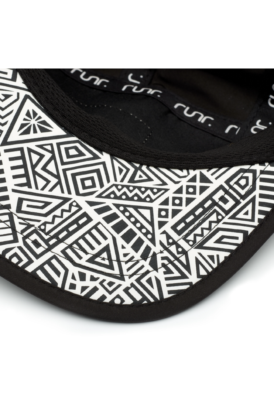 Black running cap with patterned inner brim and stitched ventilation holes.