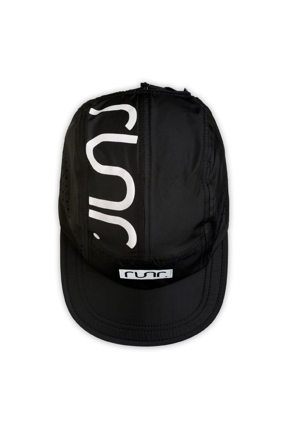Black running hat with large white RUNR graphic and small front logo patch.
