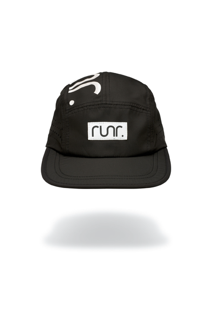 Black technical running hat with white RUNR logo patch and curved brim.