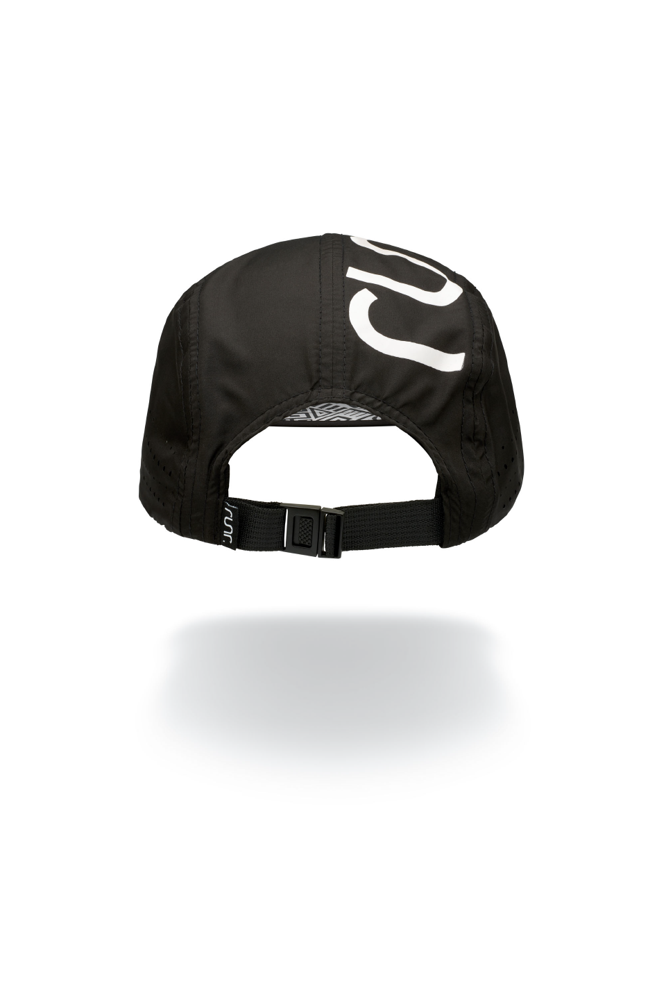 Black technical running hat with adjustable back strap and RUNR logo on side.
