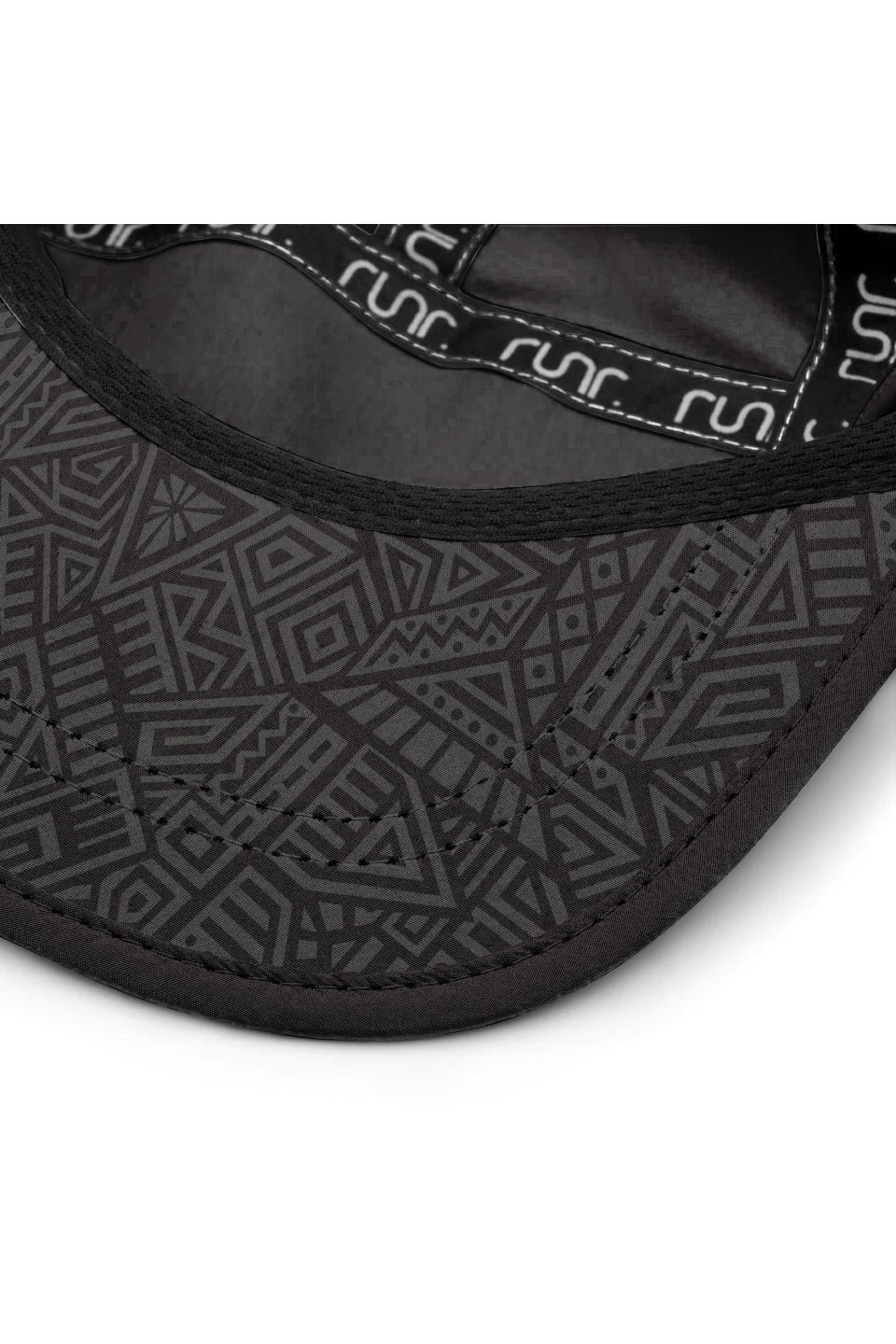 Black technical running hat with curved brim and geometric side panels