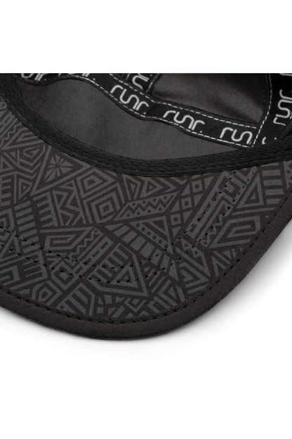 Black technical running hat with curved brim and geometric side panels