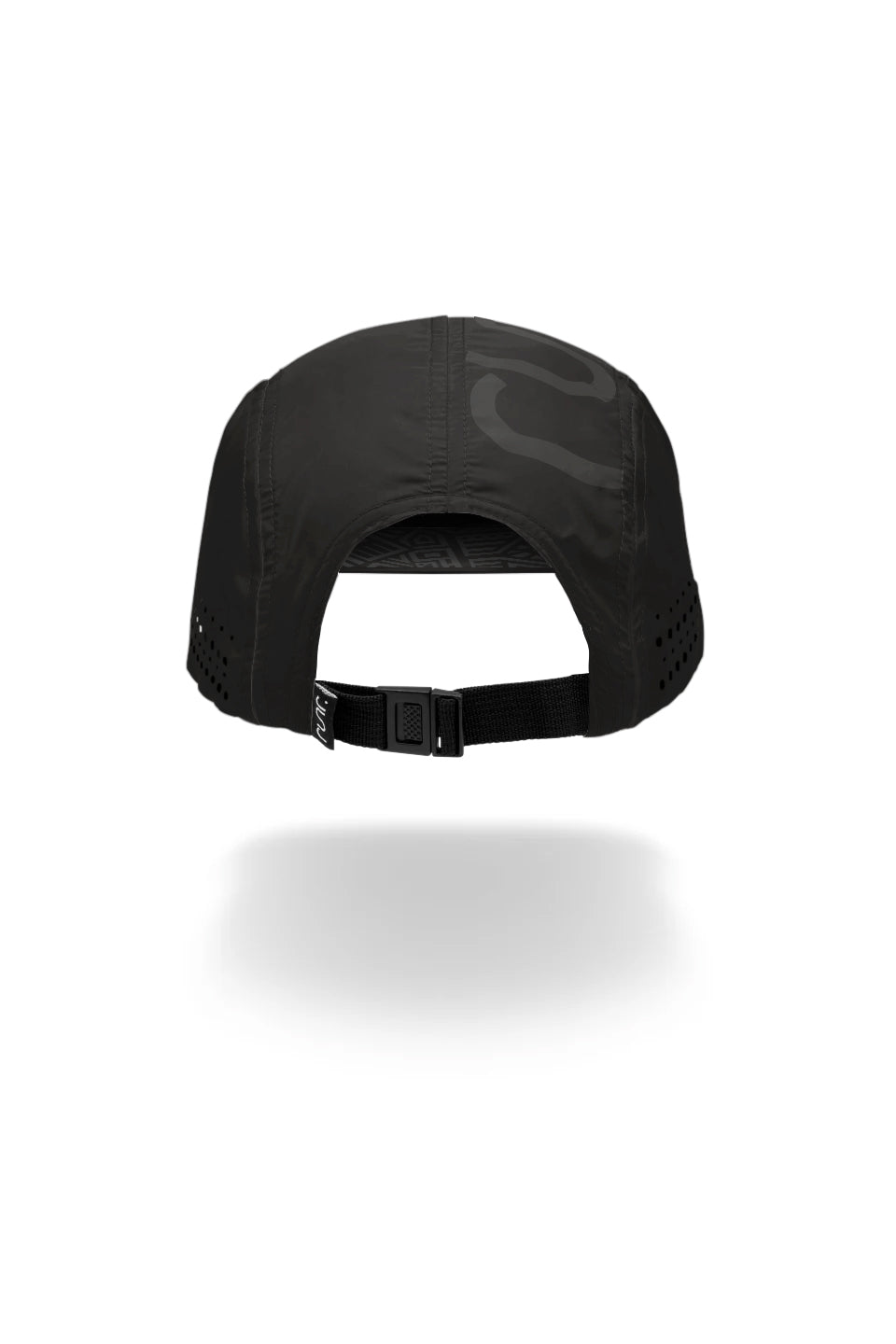Black technical running hat back view with adjustable strap and curved brim.