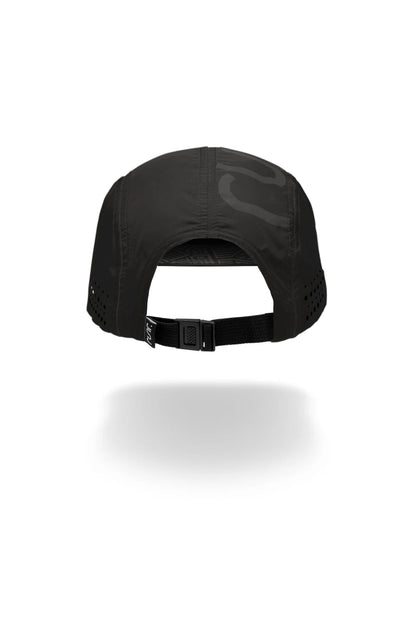 Black technical running hat back view with adjustable strap and curved brim.