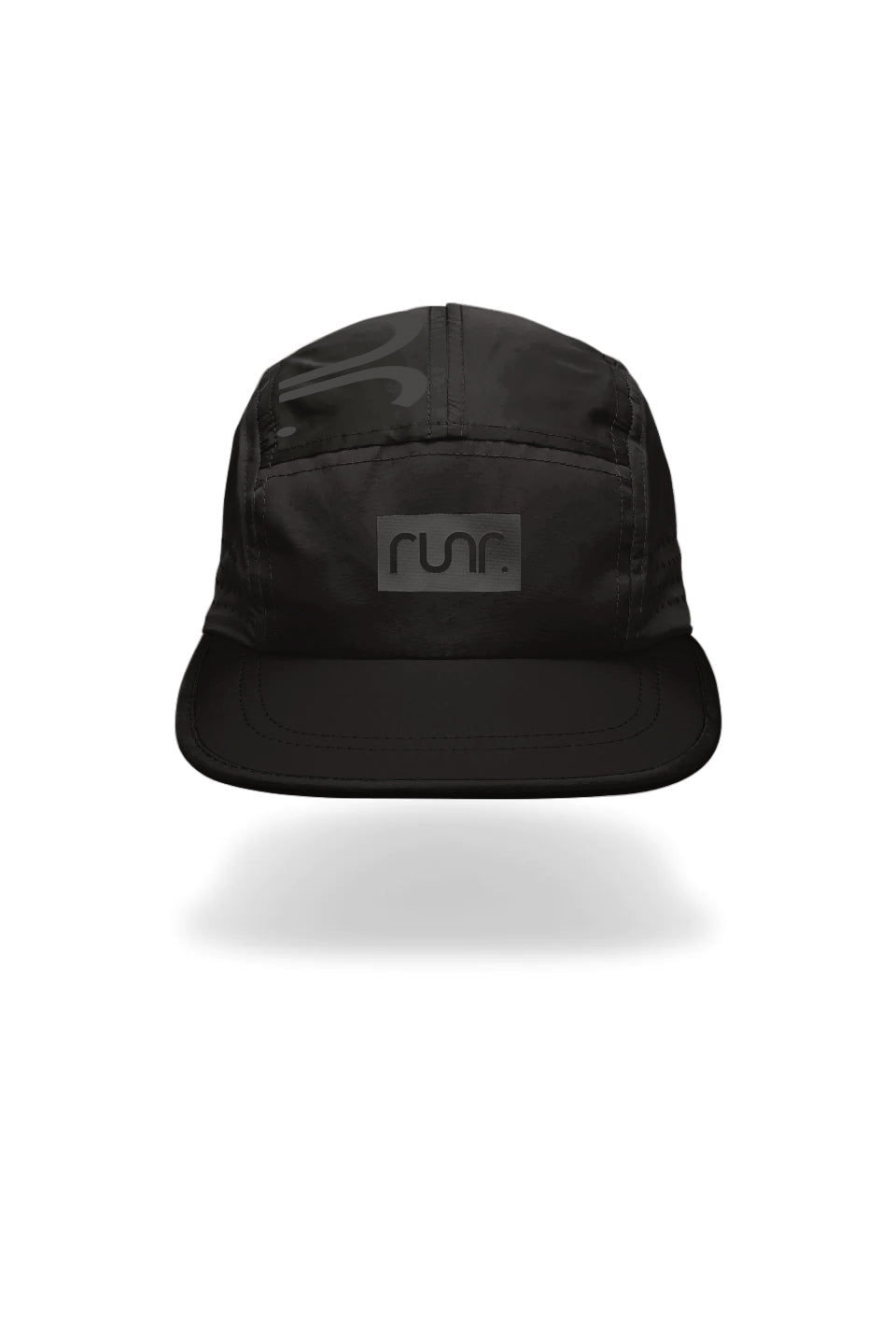 Black technical running hat with front panel and Runr logo patch, curved brim.