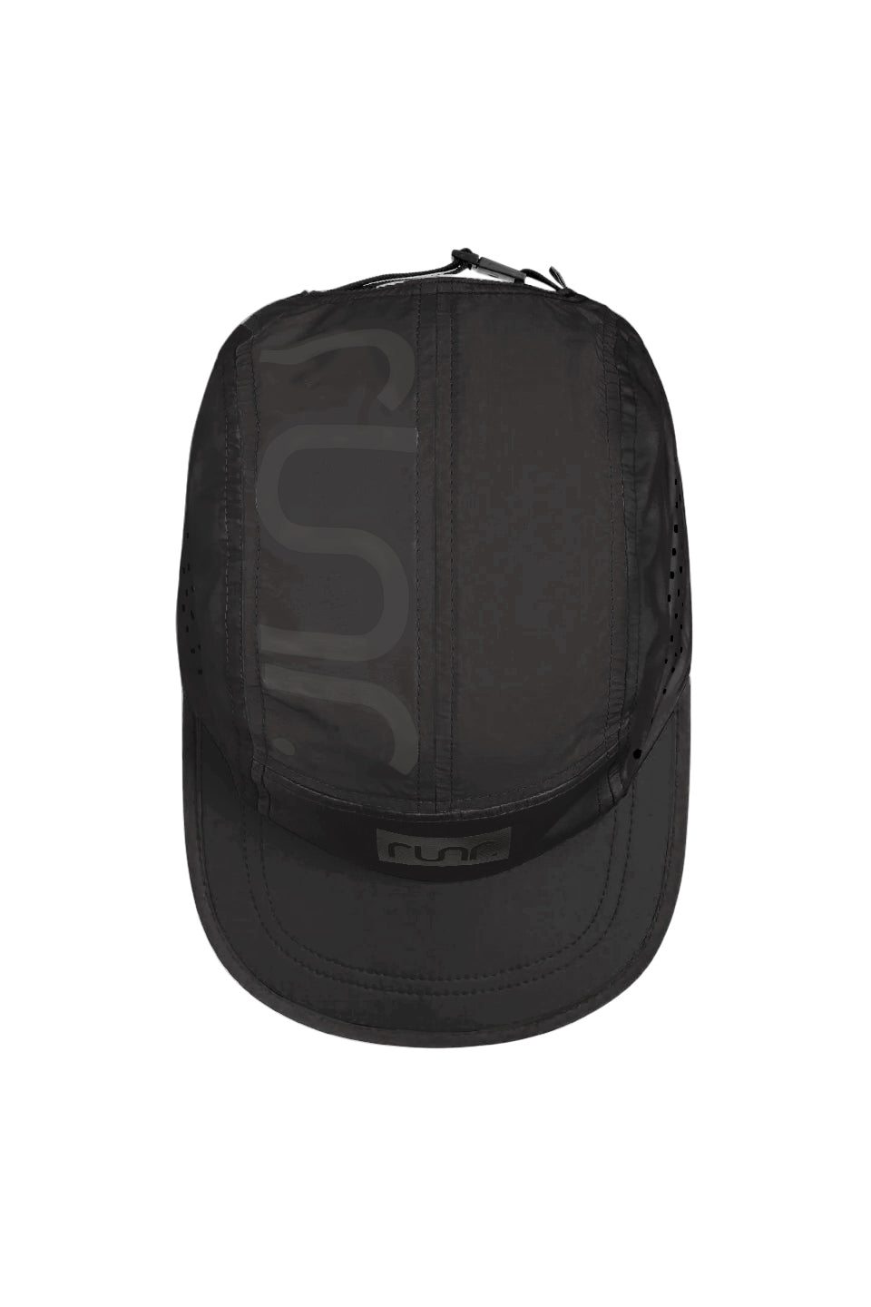Black technical running cap with curved brim and rectangular Runr logo patch.