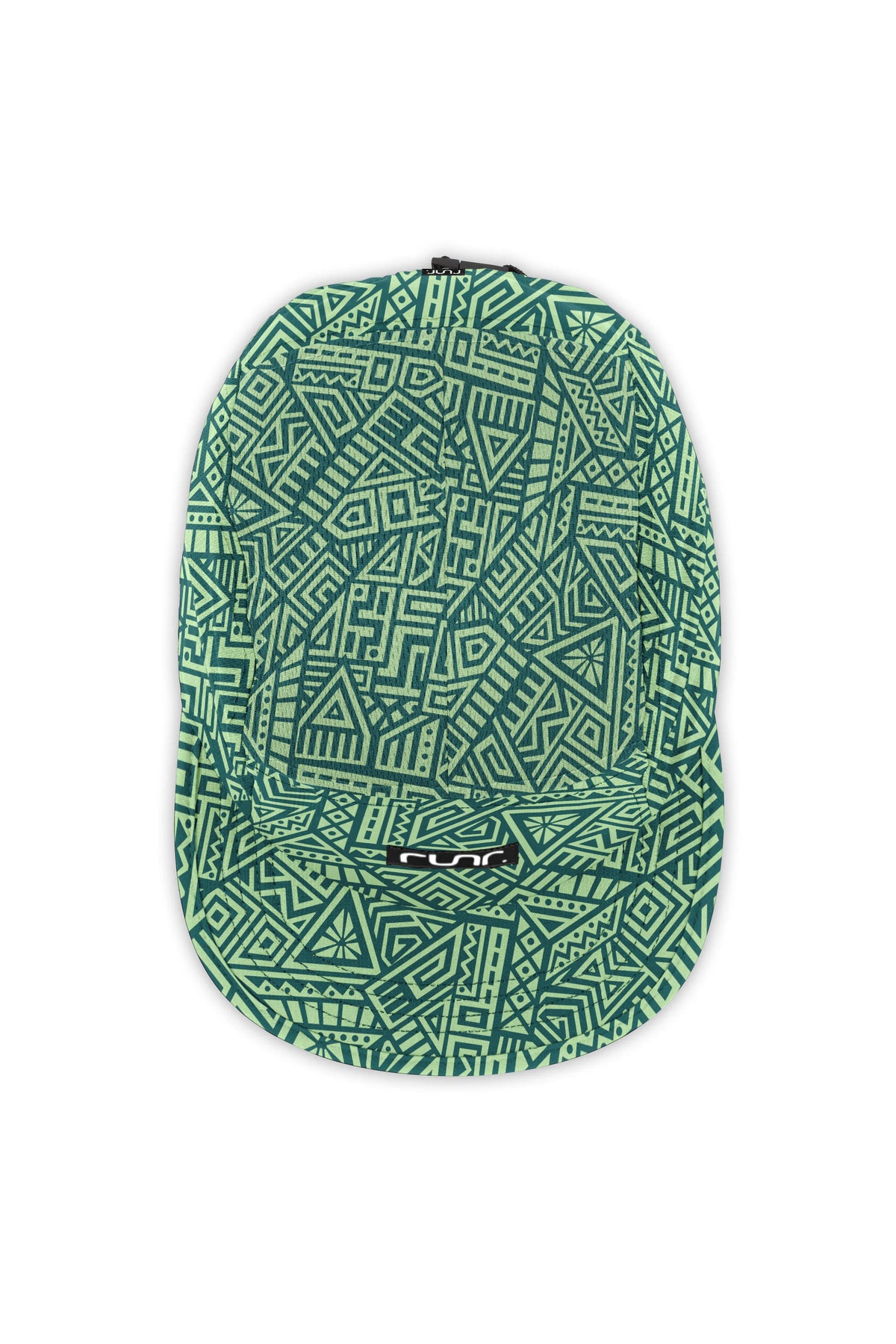Technical running cap with teal-and-white geometric print and curved brim