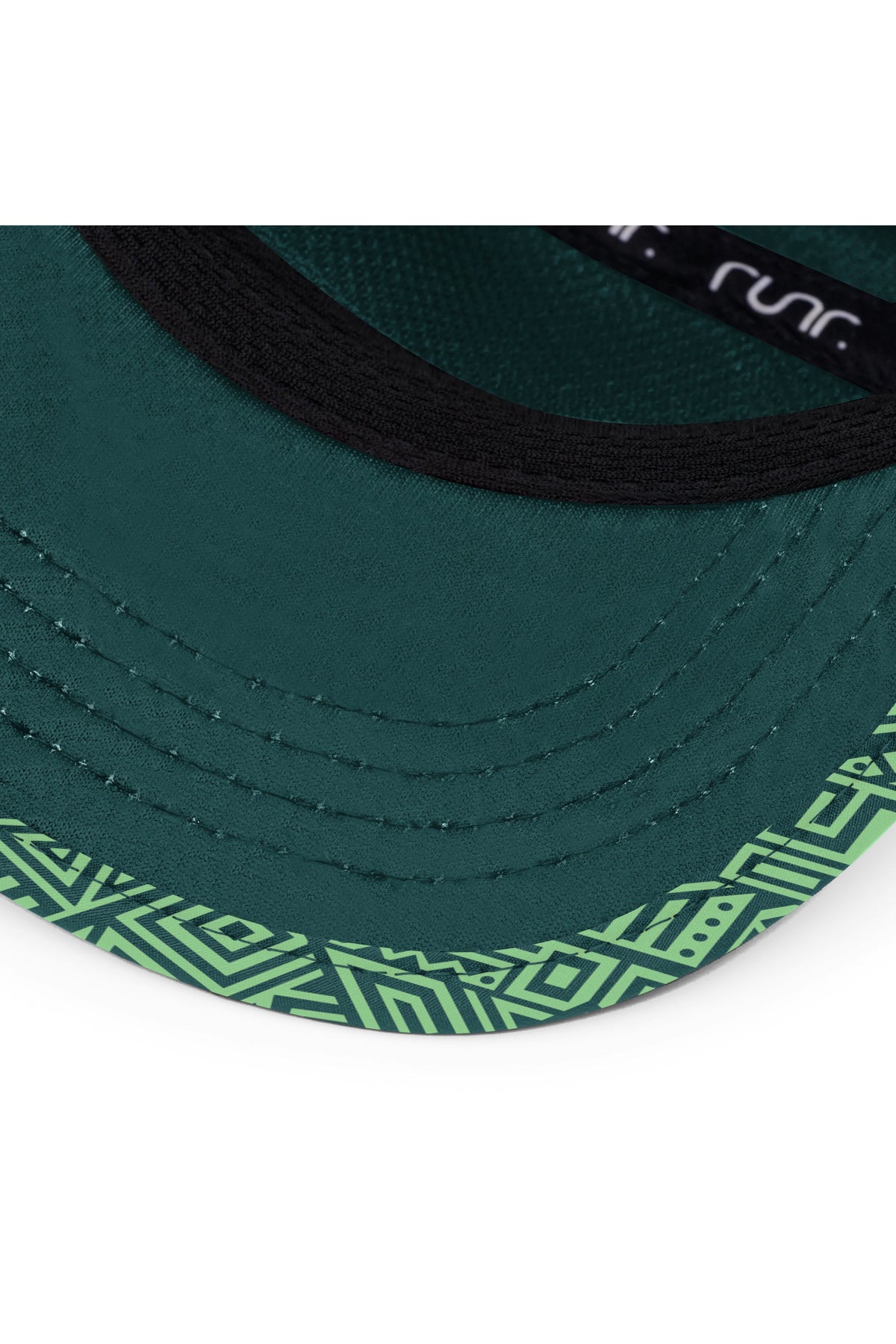 Green-and-teal geometric running hat brim with visible stitching and black trim