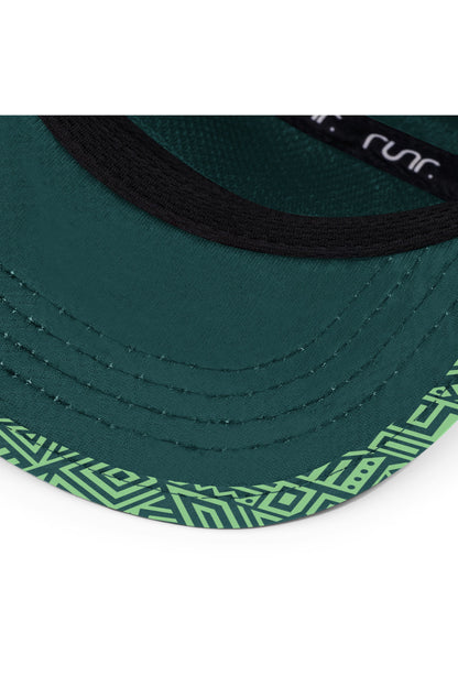 Green-and-teal geometric running hat brim with visible stitching and black trim