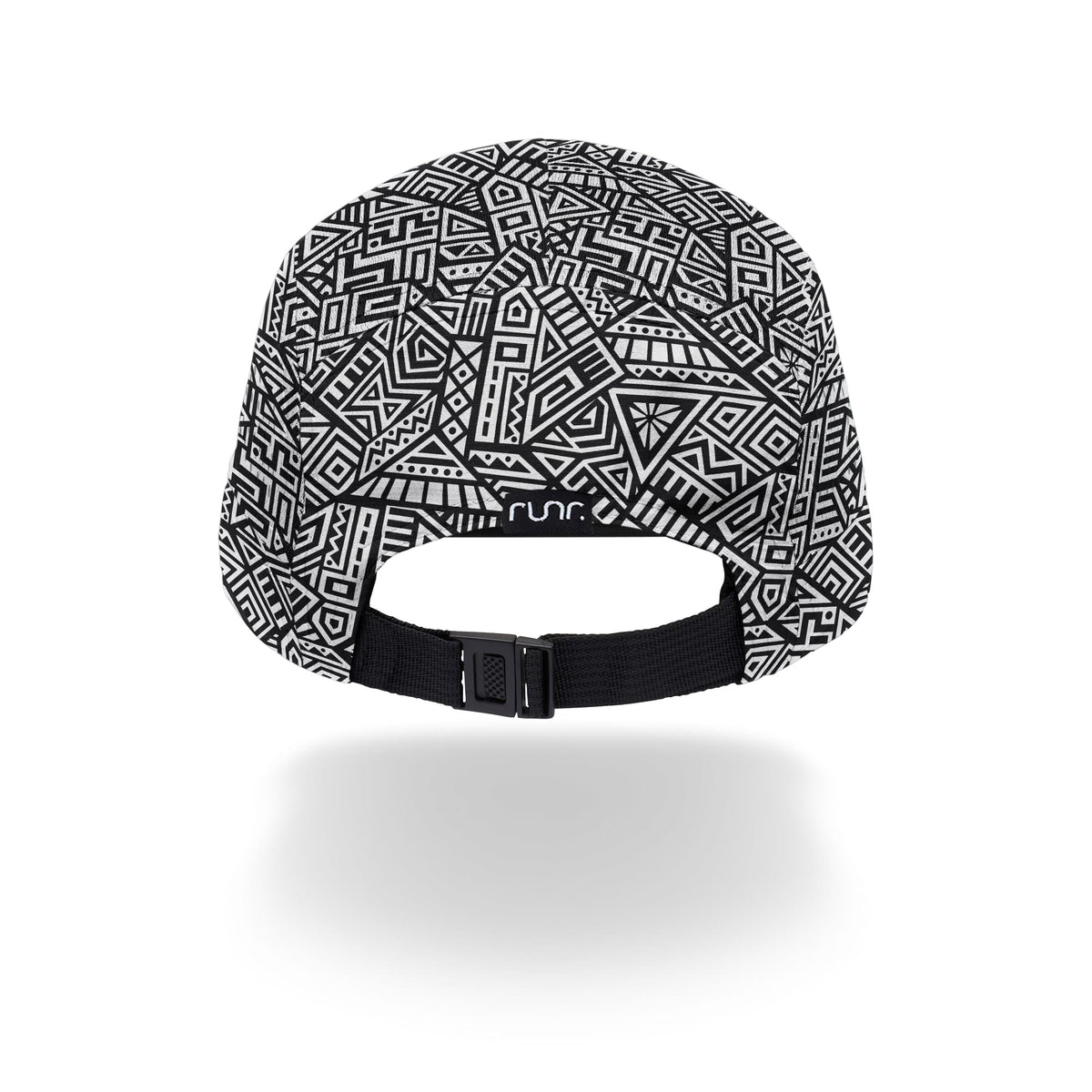 Geometric technical running hat underside with adjustable strap and logo patch