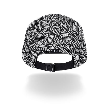 Geometric technical running hat underside with adjustable strap and logo patch