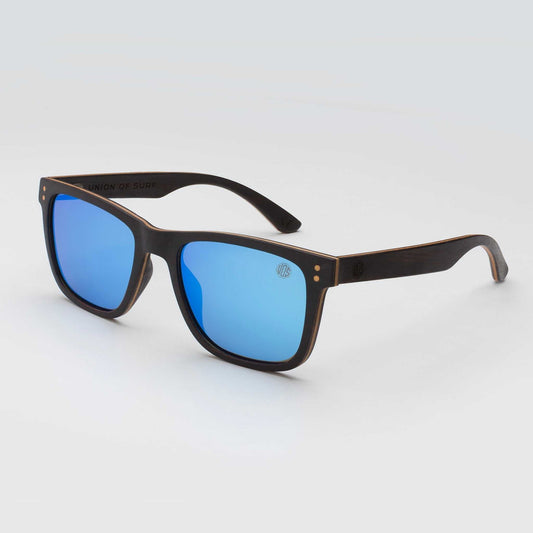Square sunglasses with dark frames and blue mirrored lenses.