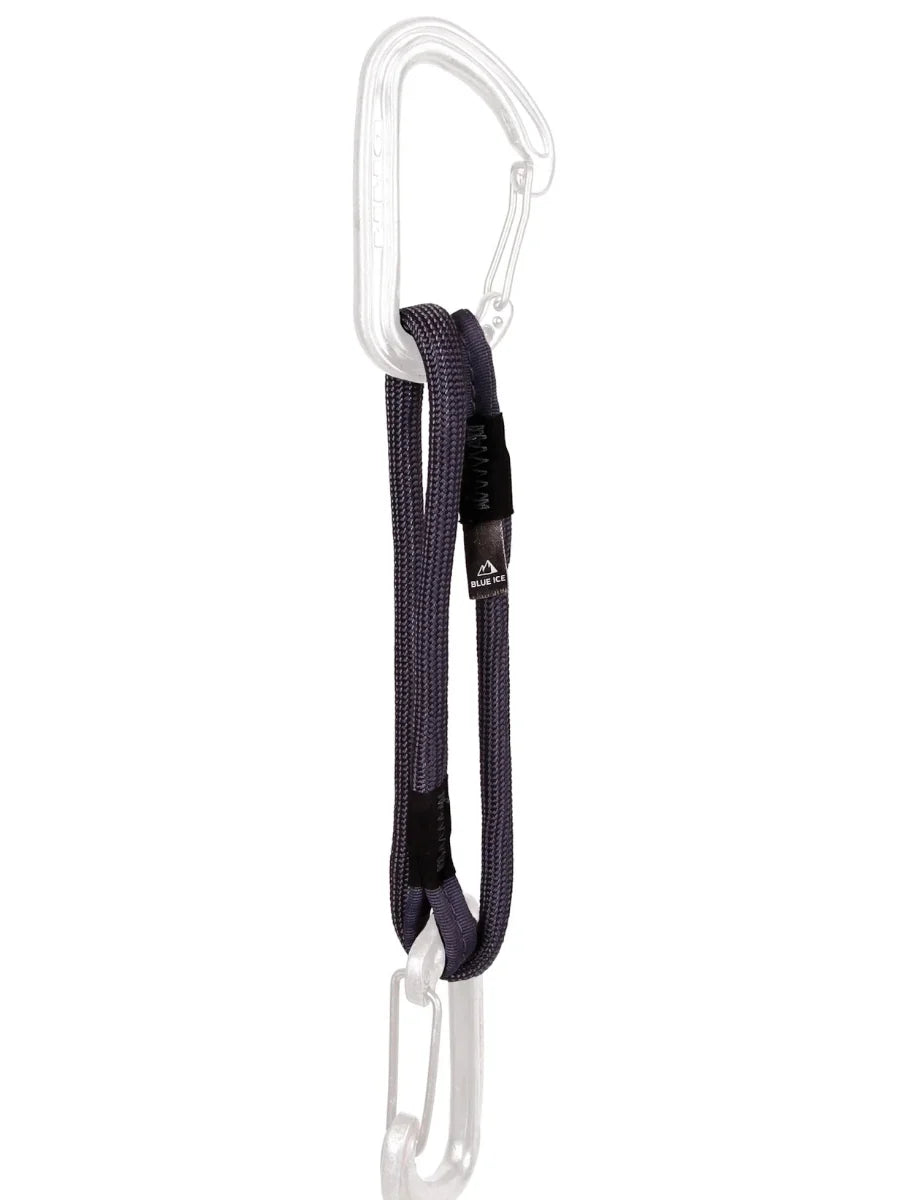 Climbing runner sling with dark webbing and white stitched loops