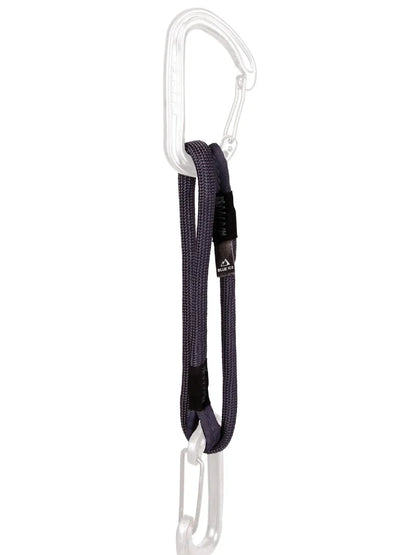 Climbing runner sling with dark webbing and white stitched loops