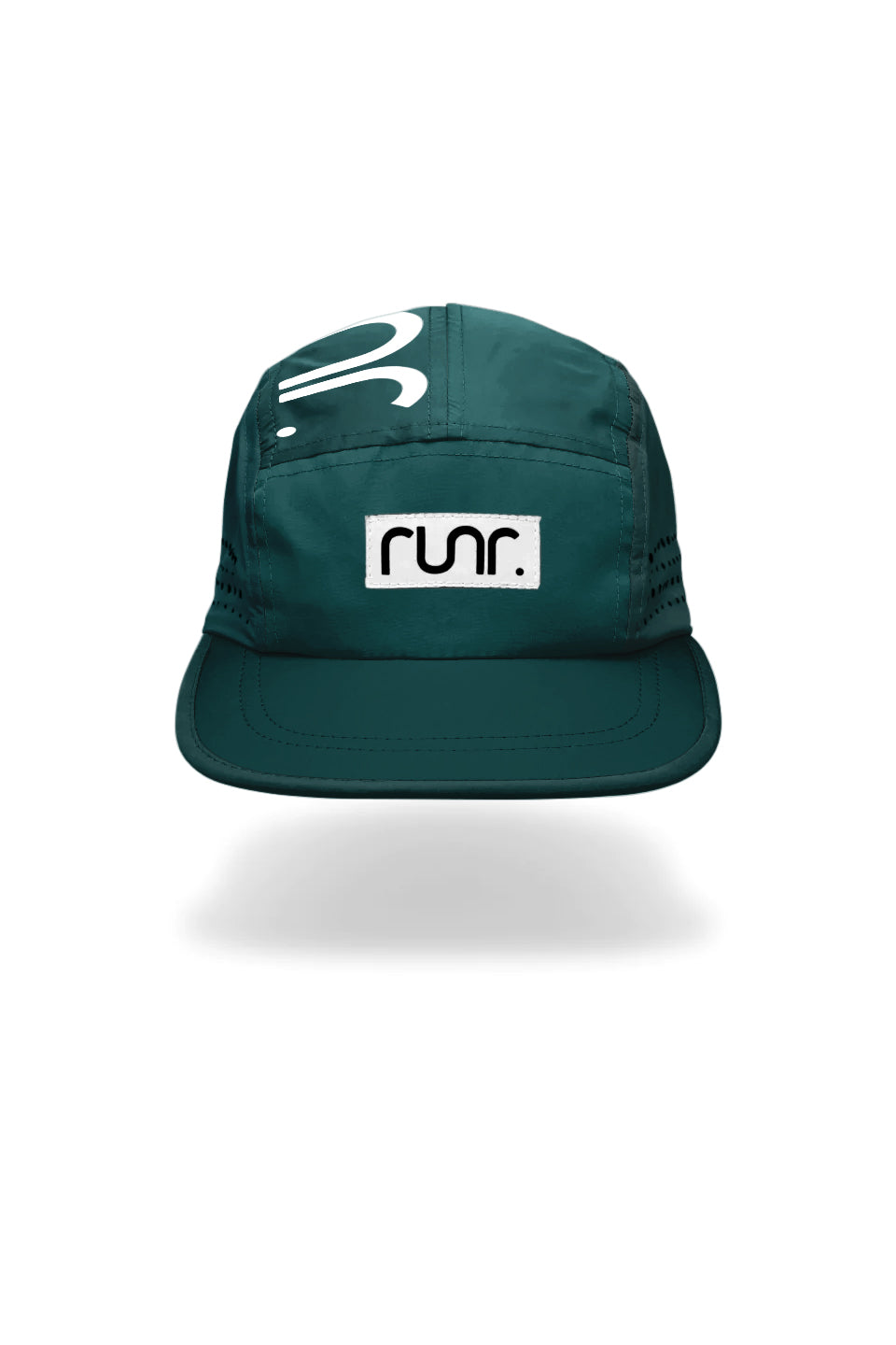 Dark green technical running cap, front view, with white logo patch and curved brim