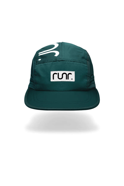 Dark green technical running cap, front view, with white logo patch and curved brim
