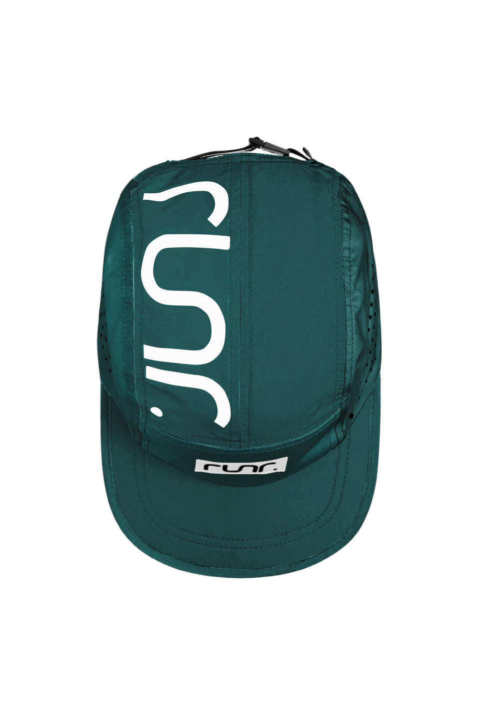 Dark green running cap with large white back graphic and small front logo patch