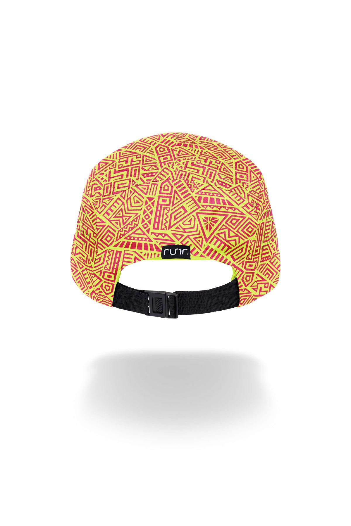 Technical running hat with neon geometric pattern and adjustable black back strap