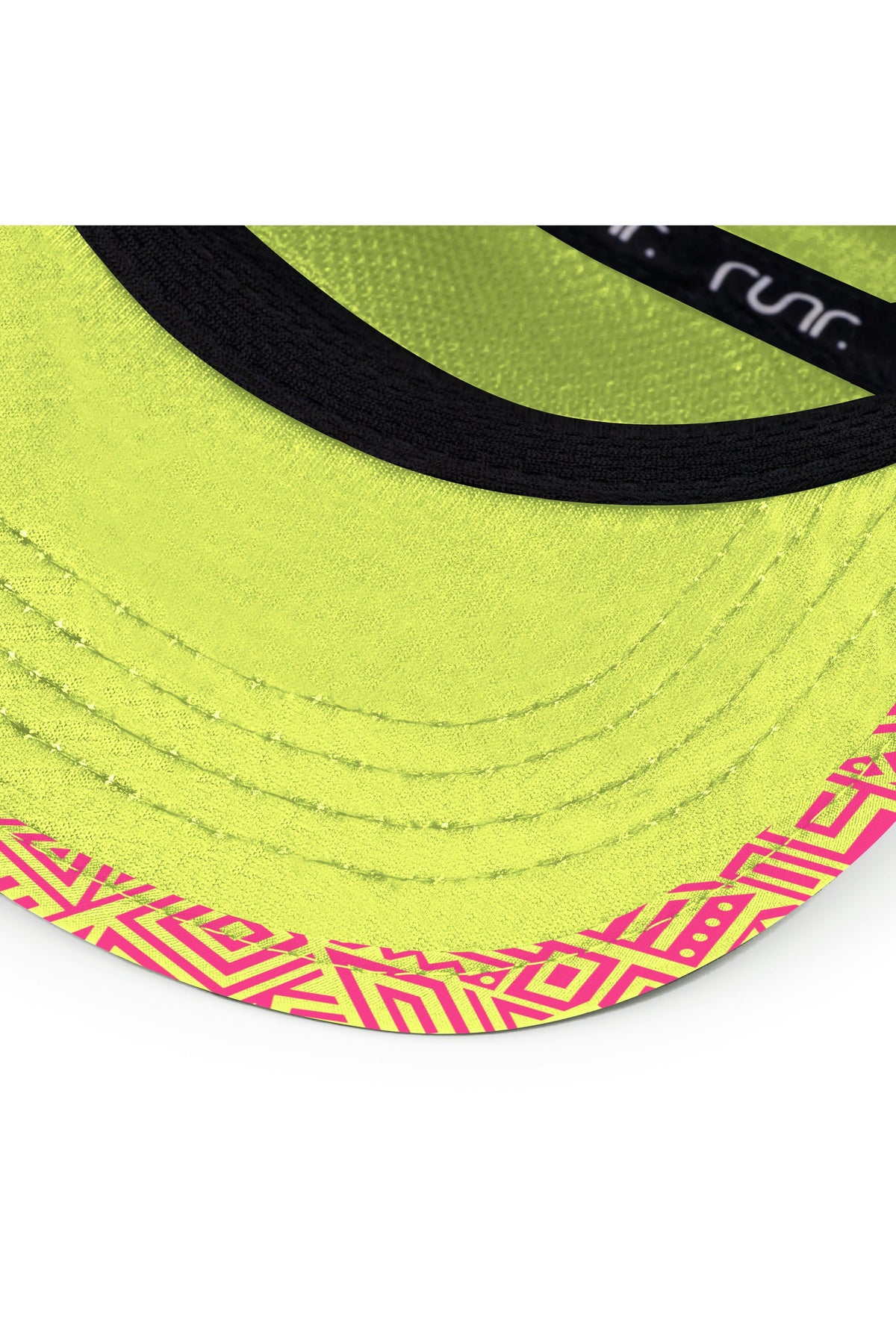 Close-up of running hat brim: neon underside with black inner band and stitching