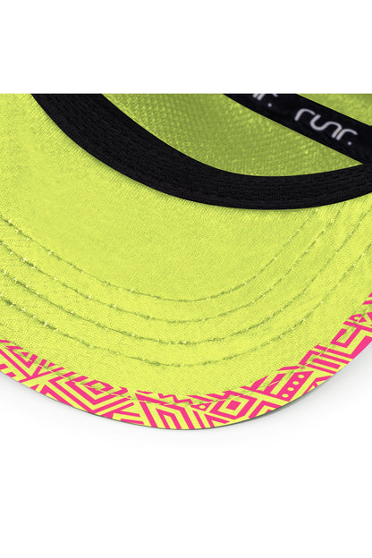 Close-up of running hat brim: neon underside with black inner band and stitching