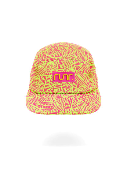 Technical running cap in bright coral with neon geometric print and front RUN logo