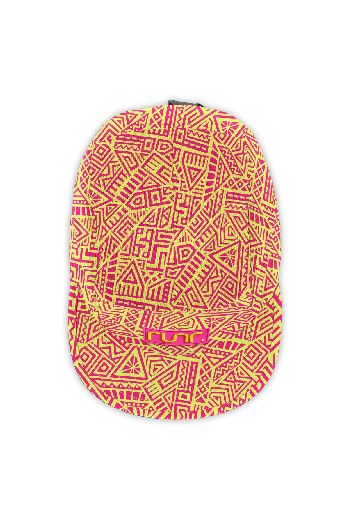Technical running cap in bright coral with neon geometric pattern and RUN logo