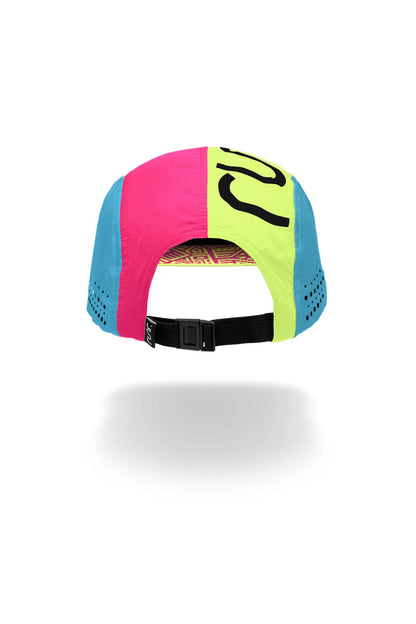 Technical running hat back view with neon color blocks and adjustable strap