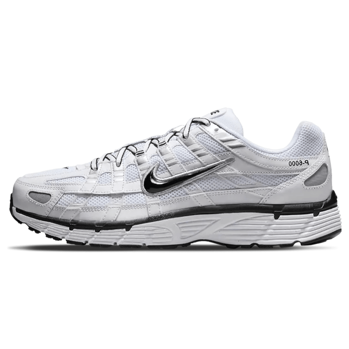 Nike P-6000 trainers in white with black Swoosh and metallic silver accents