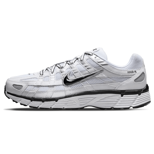 Nike P-6000 trainers in white with black Swoosh and metallic silver accents