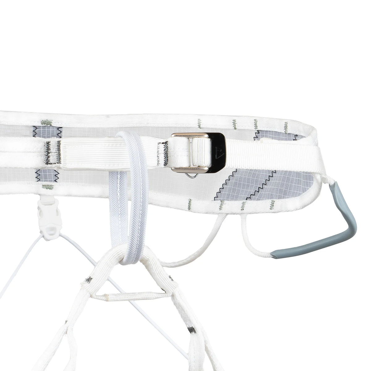 White mountaineering harness waist belt with metal buckle and sewn leg loops