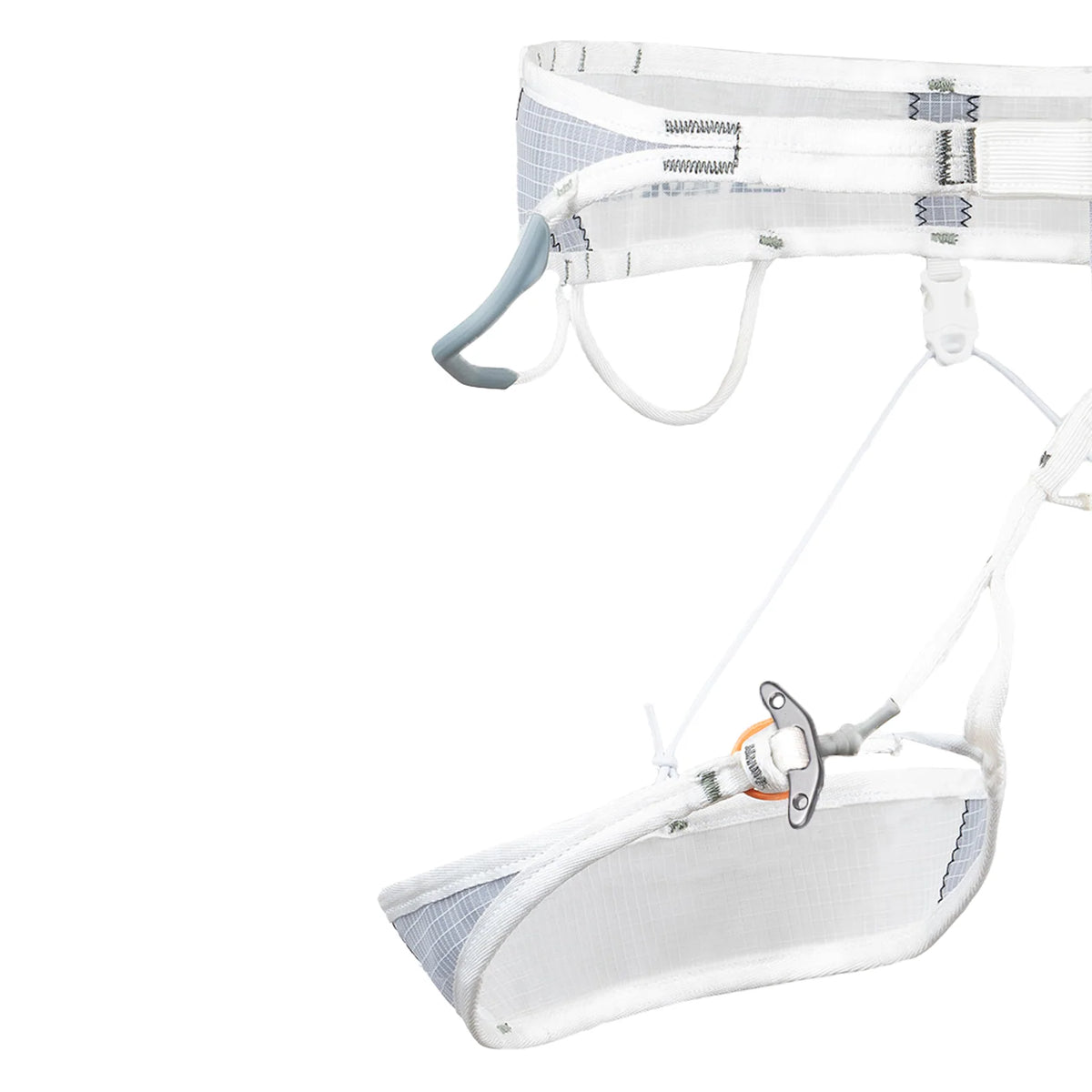 White ice climbing harness with webbing leg loops and padded ice clip strap