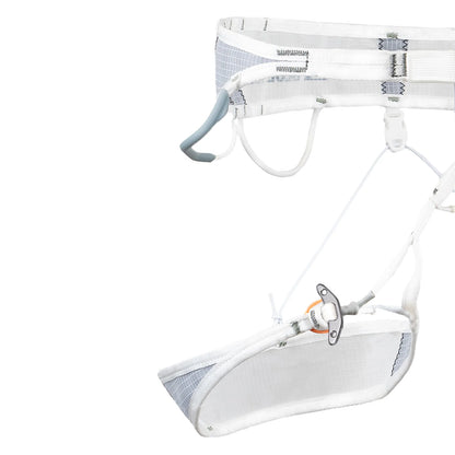 White ice climbing harness with webbing leg loops and padded ice clip strap