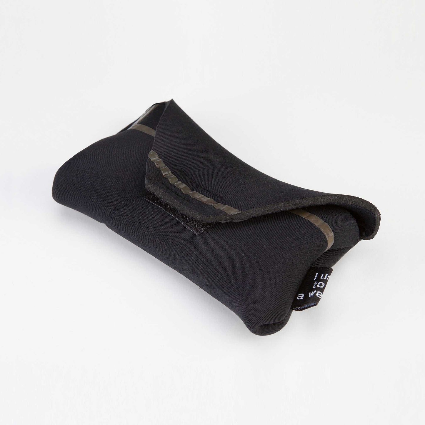 Black sunglasses pouch with curved opening and elastic strap