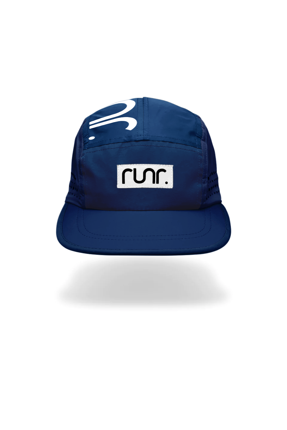 Navy technical running hat with white square runr logo patch and stitched brim