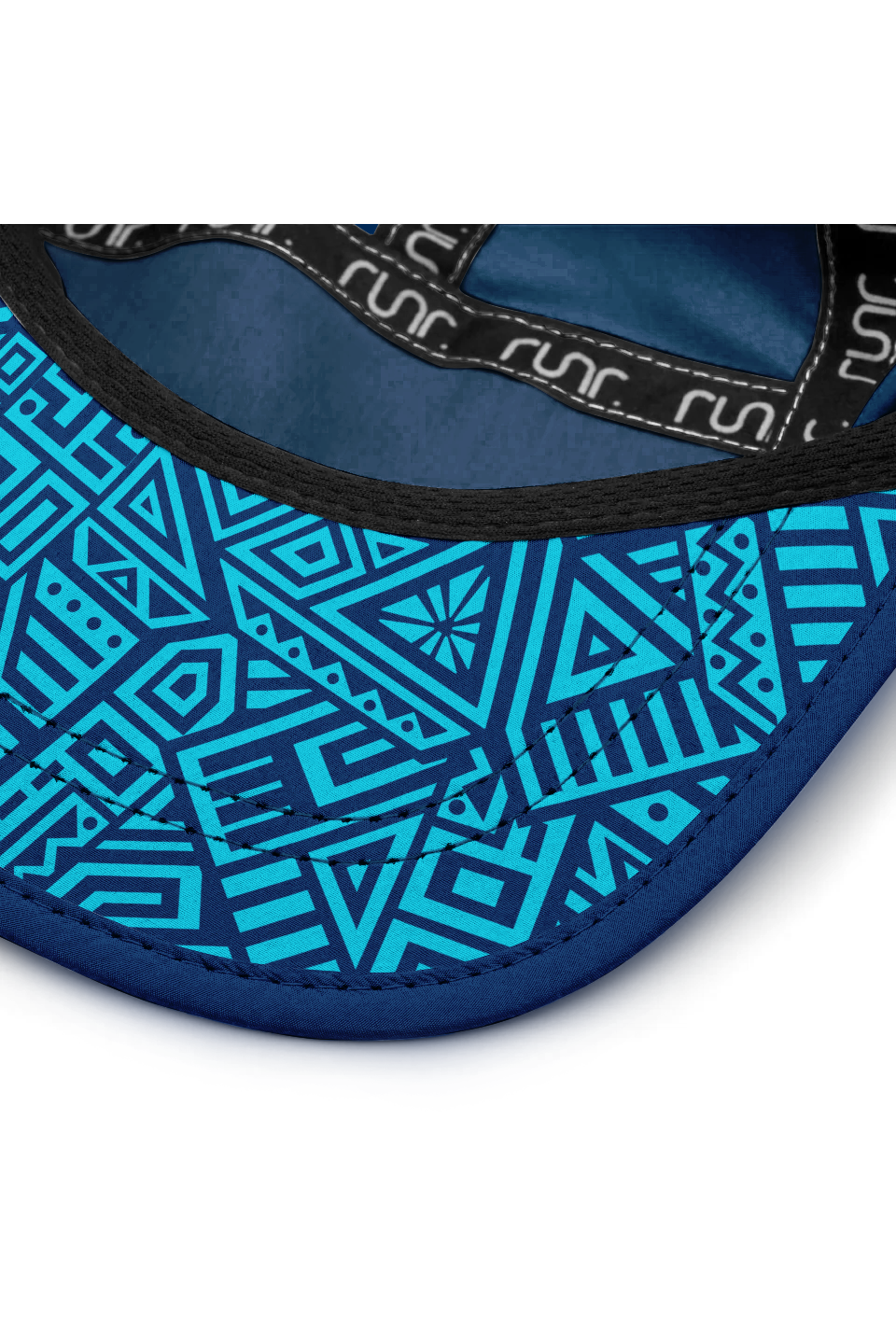 Blue hat brim with black underlayer and geometric print on inner band