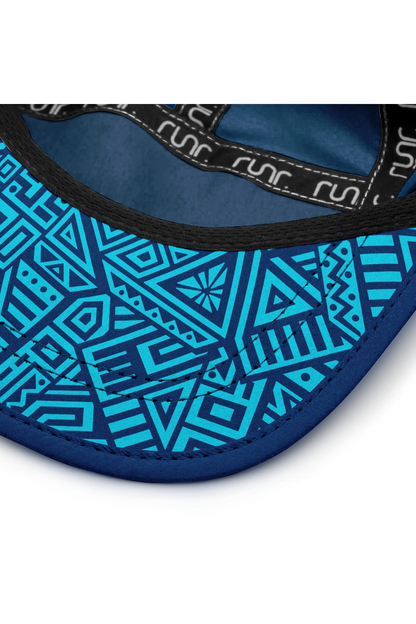 Blue hat brim with black underlayer and geometric print on inner band