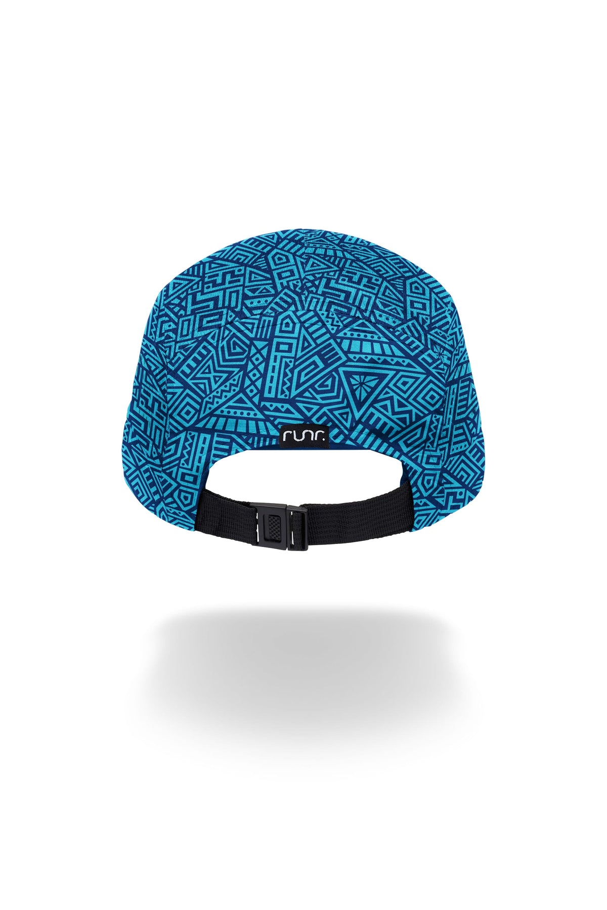 Blue technical running hat with adjustable black strap and geometric pattern