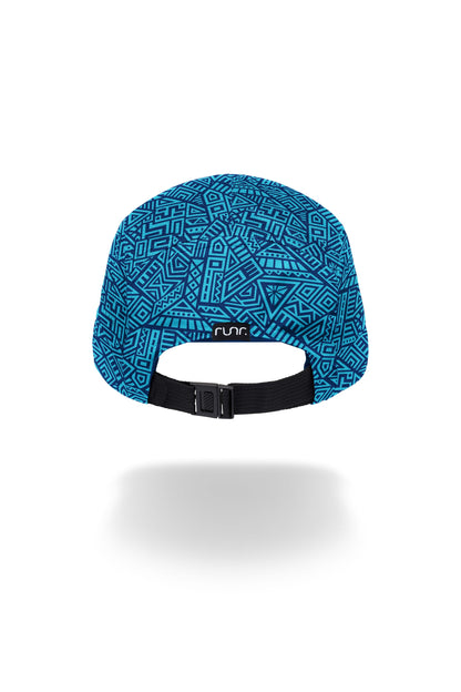 Blue technical running hat with adjustable black strap and geometric pattern