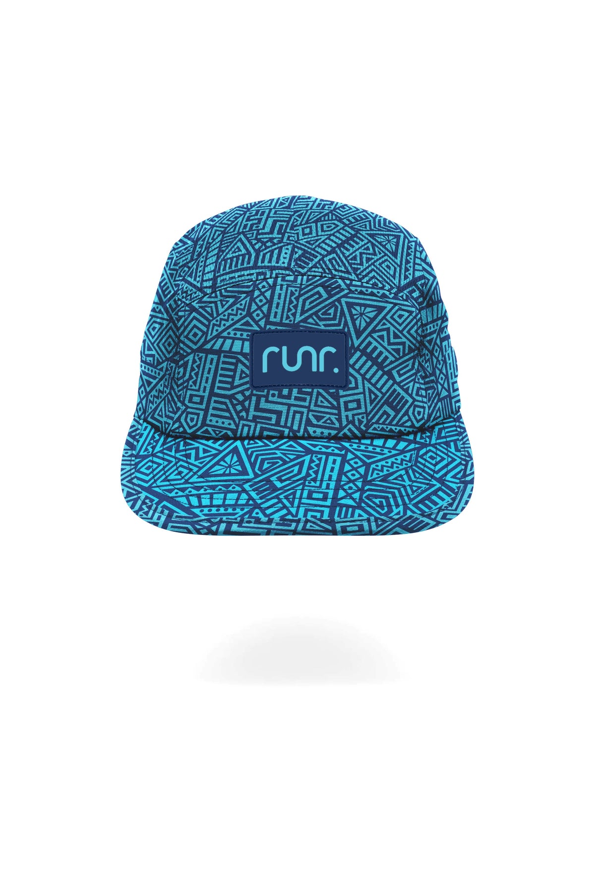 Blue abstract geometric technical running hat with runr logo patch