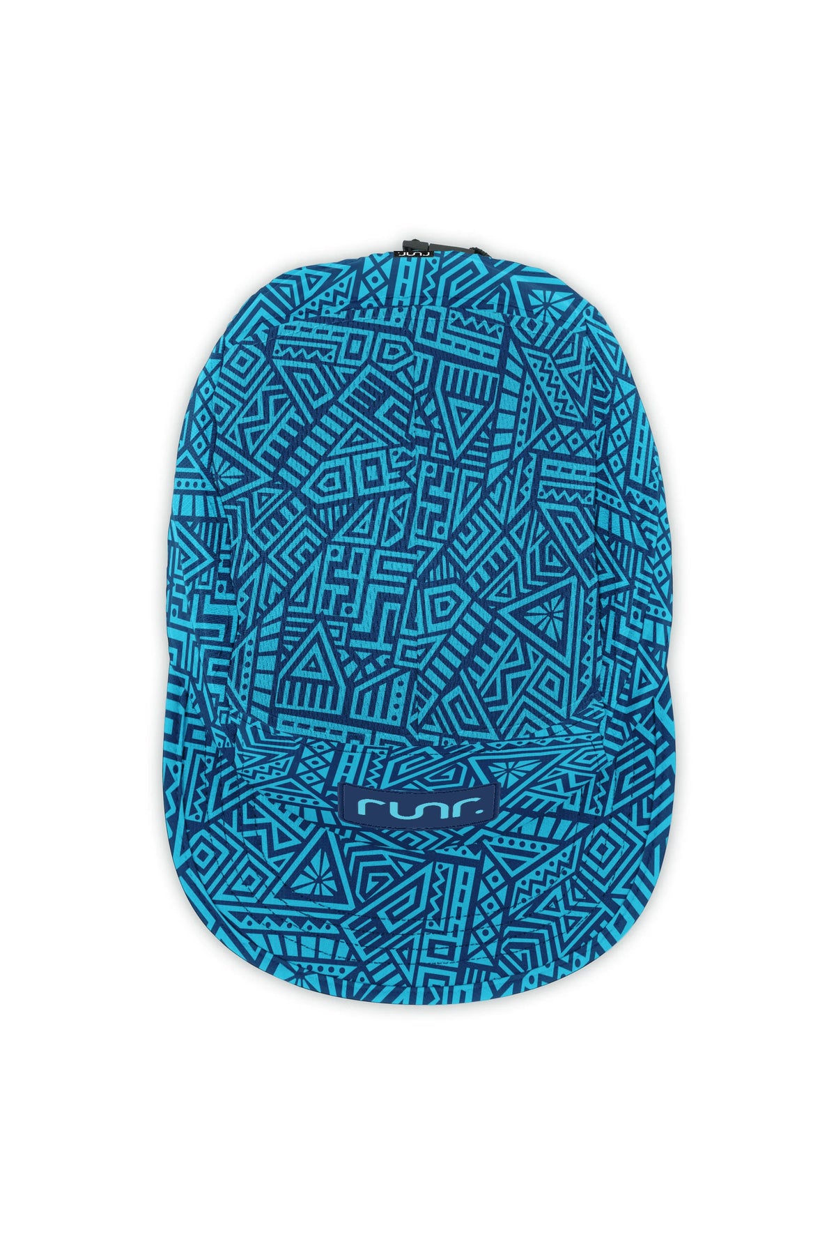 Blue geometric technical running hat with runr logo on front panel