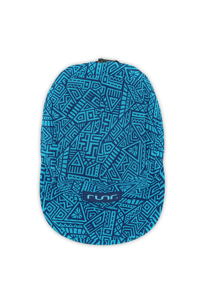 Blue geometric technical running hat with runr logo on front panel
