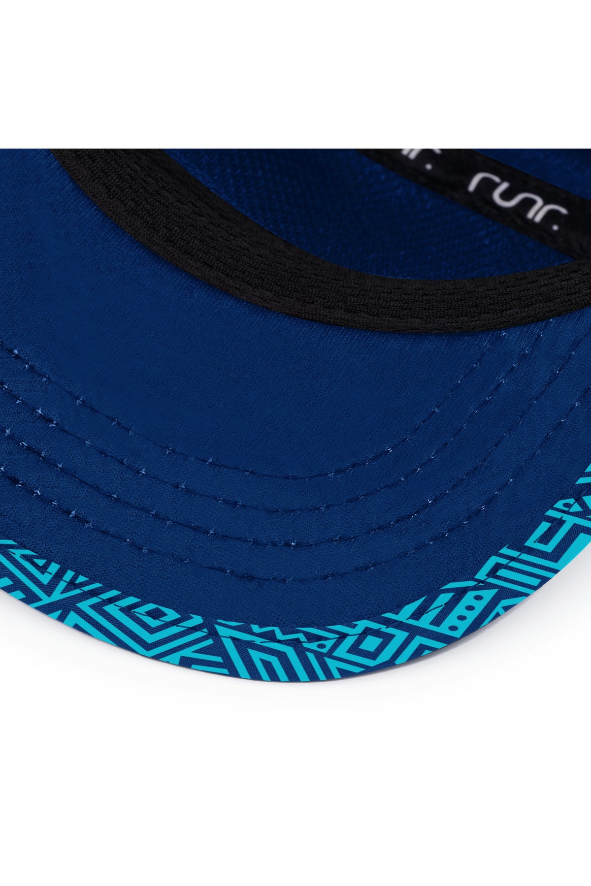 Blue geometric running hat brim with black stitching and curved edge