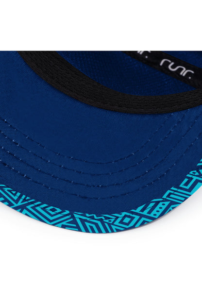 Blue geometric running hat brim with black stitching and curved edge