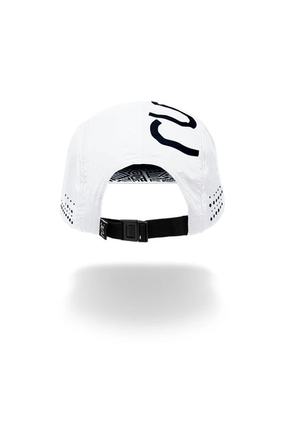 White running hat viewed from back with black strap and logo on crown