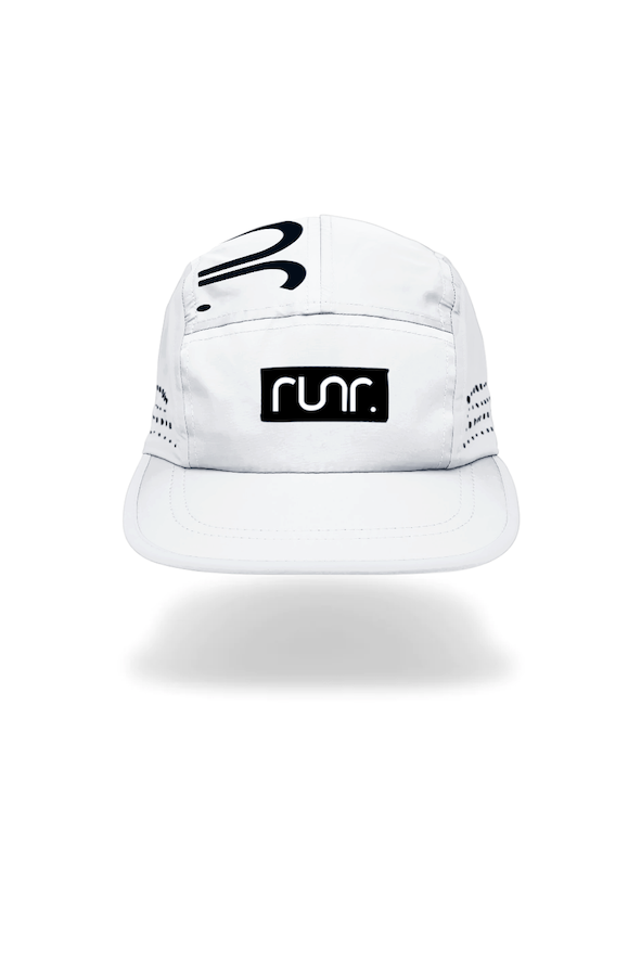 White technical running hat with black front logo and curved brim