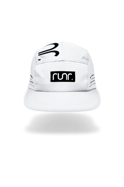 White technical running hat with black front logo and curved brim