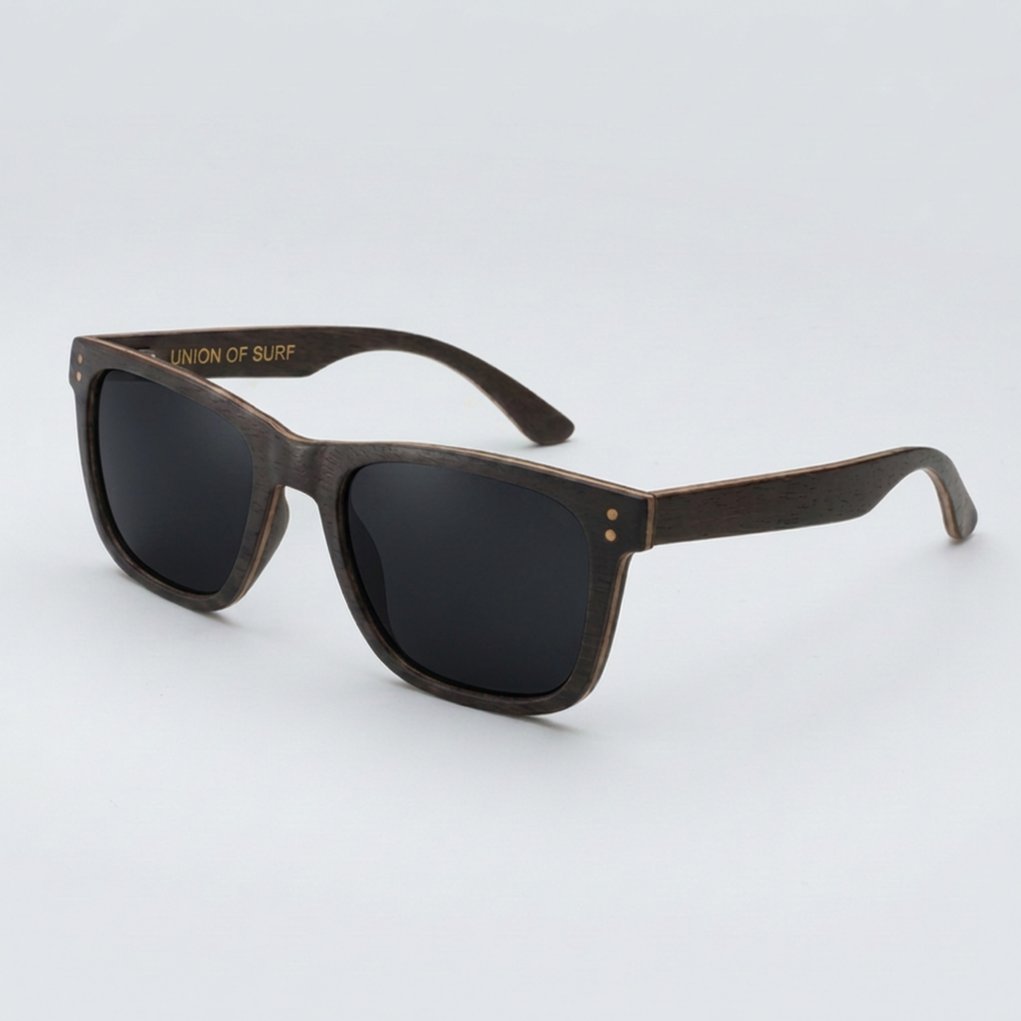 Black square sunglasses with dark lenses and wood-look temples